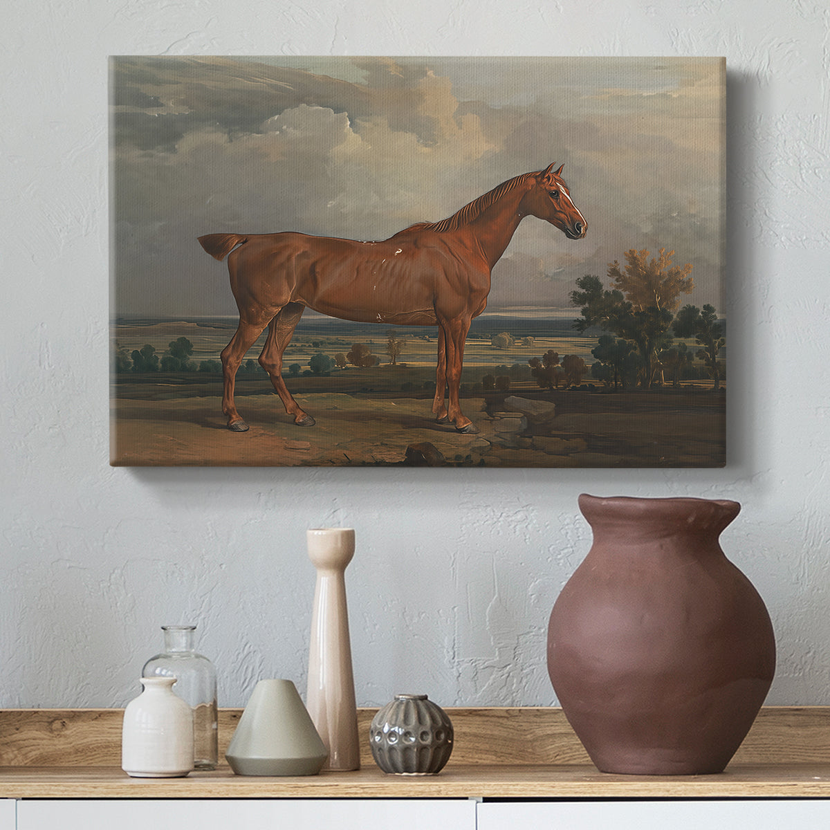Canvas art print featuring a realistic depiction of hunter in natural setting, styled above a decorative console