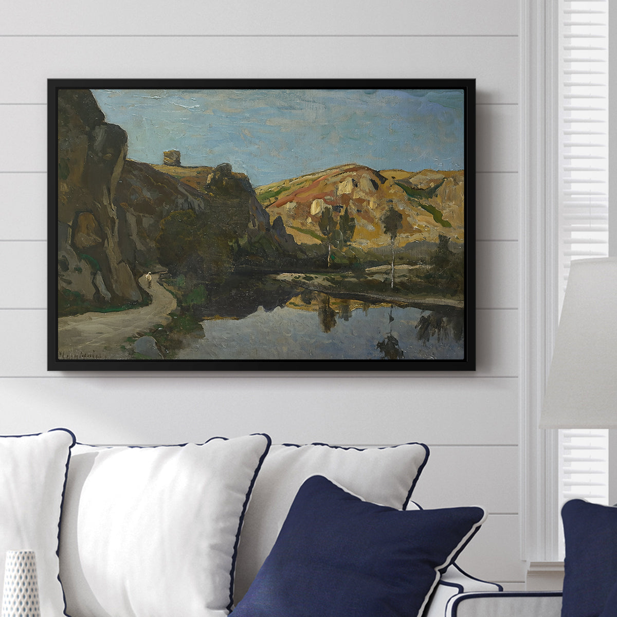 River Landscape with Cliffs, c. 1850-1860 - Floater Framed Canvas Print