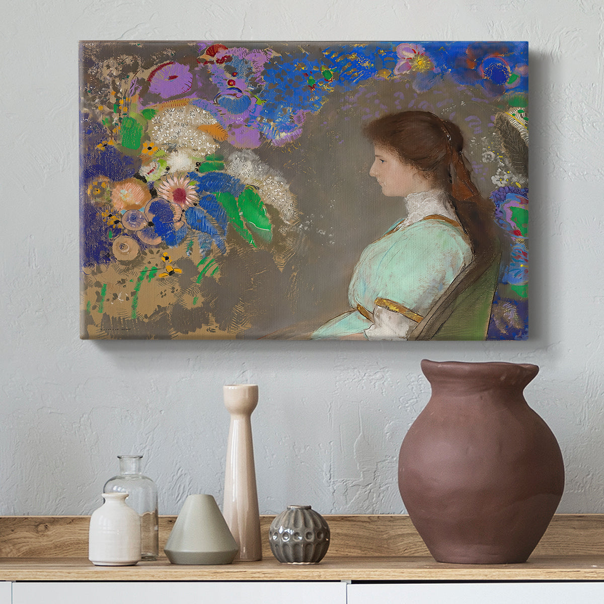 Canvas art print featuring an expressive composition with dreamlike elements, styled above a decorative console