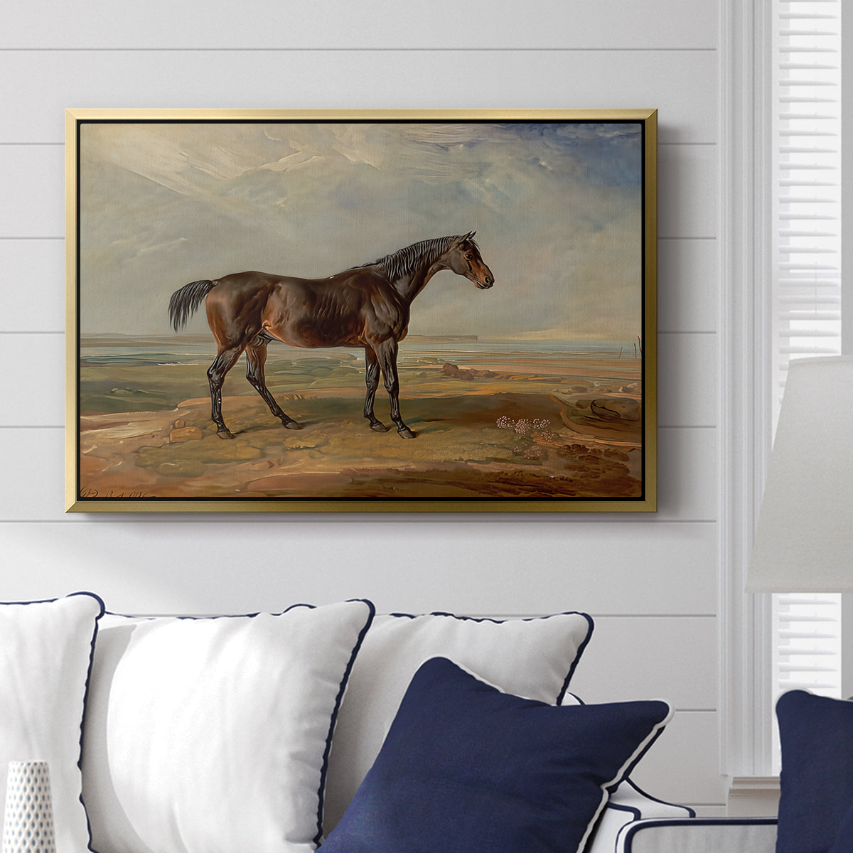 Dr. Syntax, a Bay Racehorse, Standing in a Coastal Landscape, an Estuary Beyond, c. 1820 - Floater Framed Canvas Print