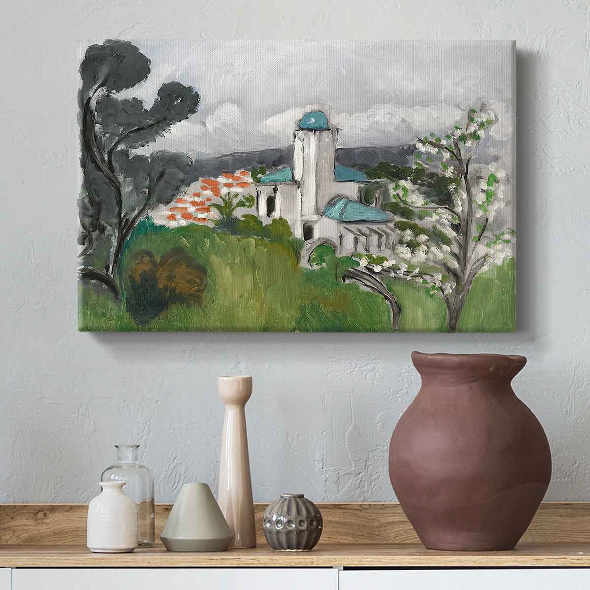 Canvas art print featuring a Fauvist architectural landscape with a blue house, styled above a decorative console