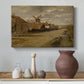 Canvas art print featuring a countryside setting with water and industrial building, styled above a decorative console