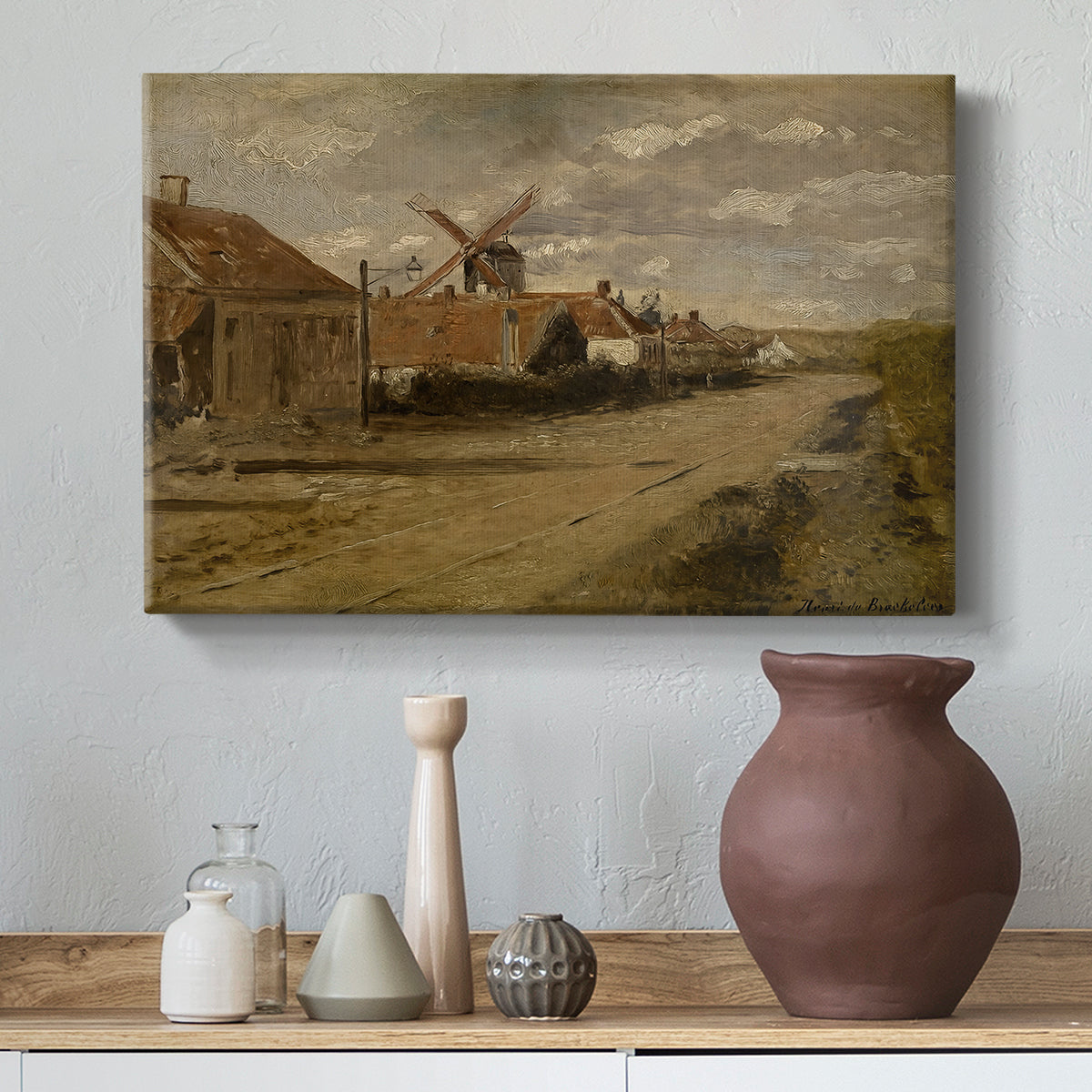 Canvas art print featuring a countryside setting with water and industrial building, styled above a decorative console