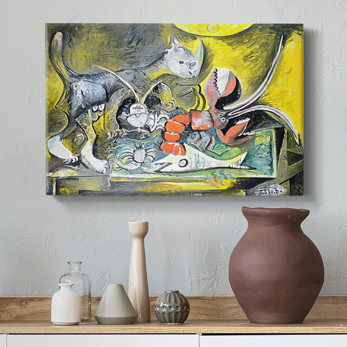 Canvas art print featuring an expressive arrangement of forms with organic and angular contrast, styled above a decorative console