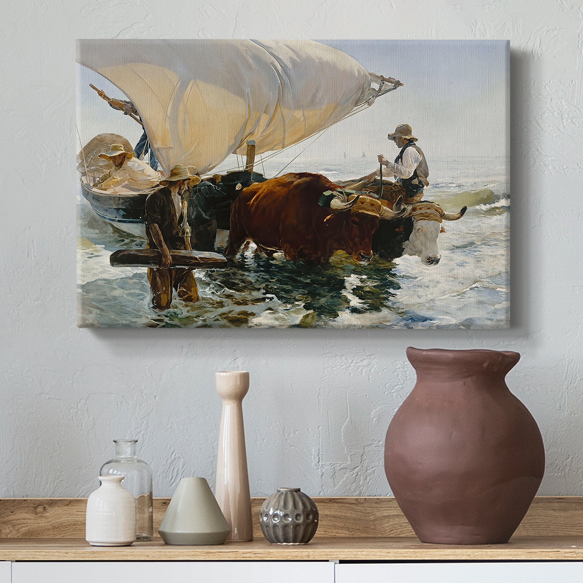 Canvas art print featuring a dynamic composition with people animals and boat, styled above a decorative console