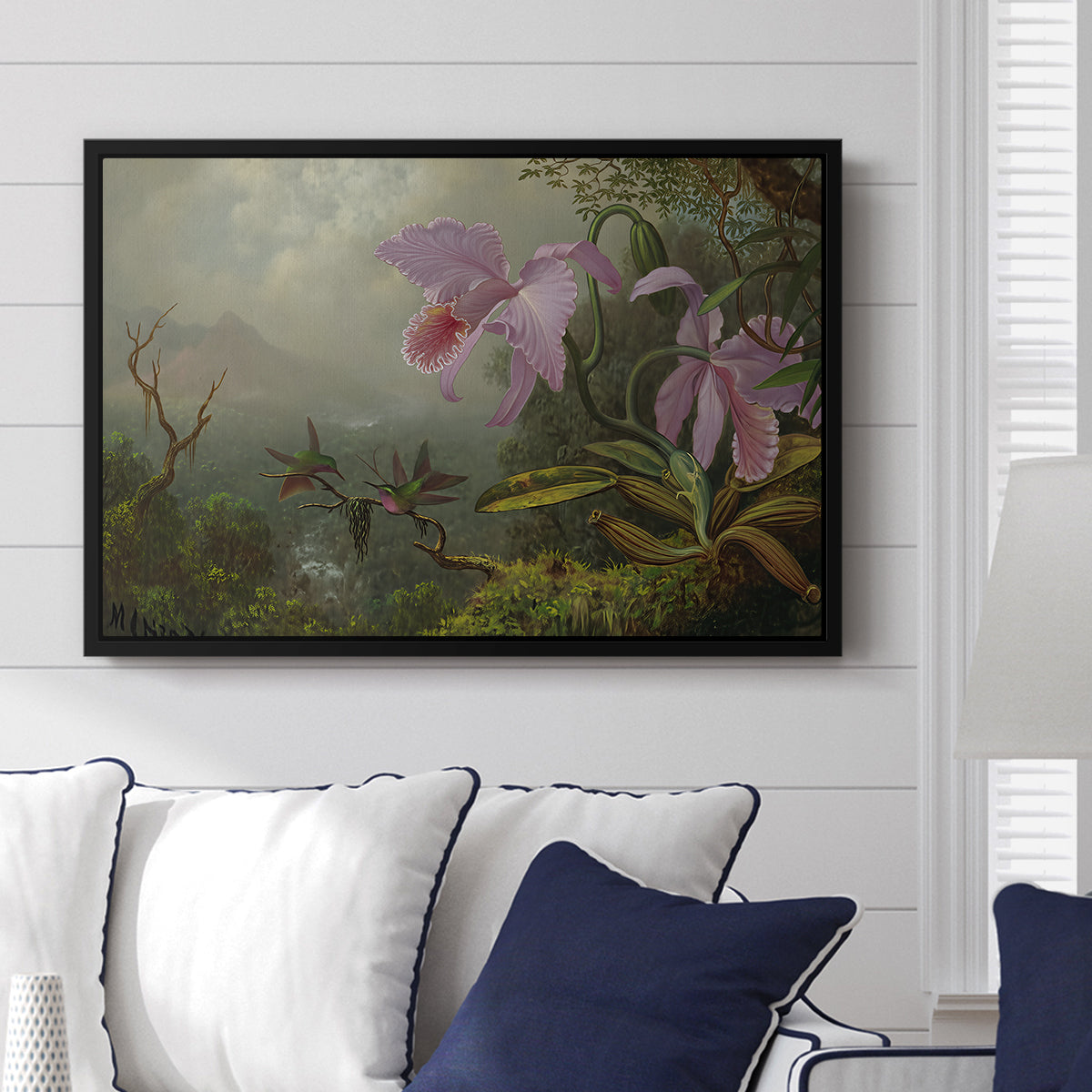 Two Sun Angel Hummingbirds on a Branch, c. 1890-1904 - Floater Framed Canvas Print