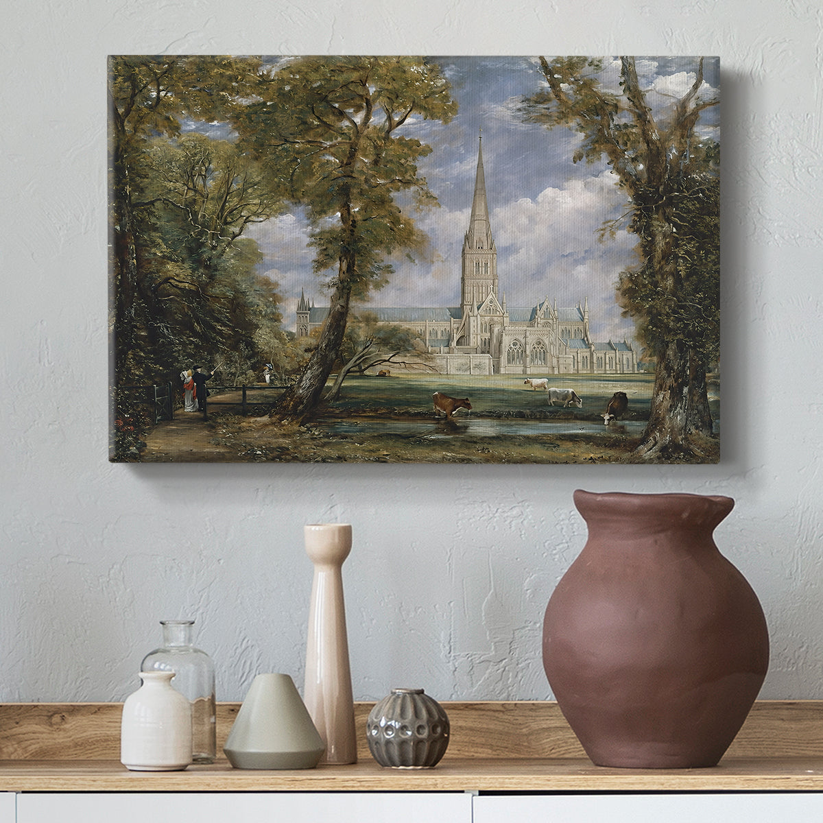 Canvas art print featuring an expressive landscape combining building, styled above a decorative console