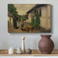 Canvas art print featuring a domestic interaction outside traditional farmhouse, styled above a decorative console