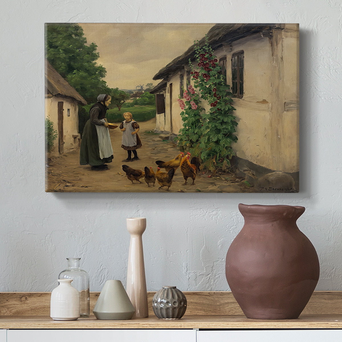 Canvas art print featuring a domestic interaction outside traditional farmhouse, styled above a decorative console