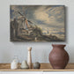 Canvas art print featuring a landscape combining rustic architecture, styled above a decorative console