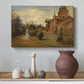 Canvas art print featuring an outdoor composition with house façade and nearby activity, styled above a decorative console