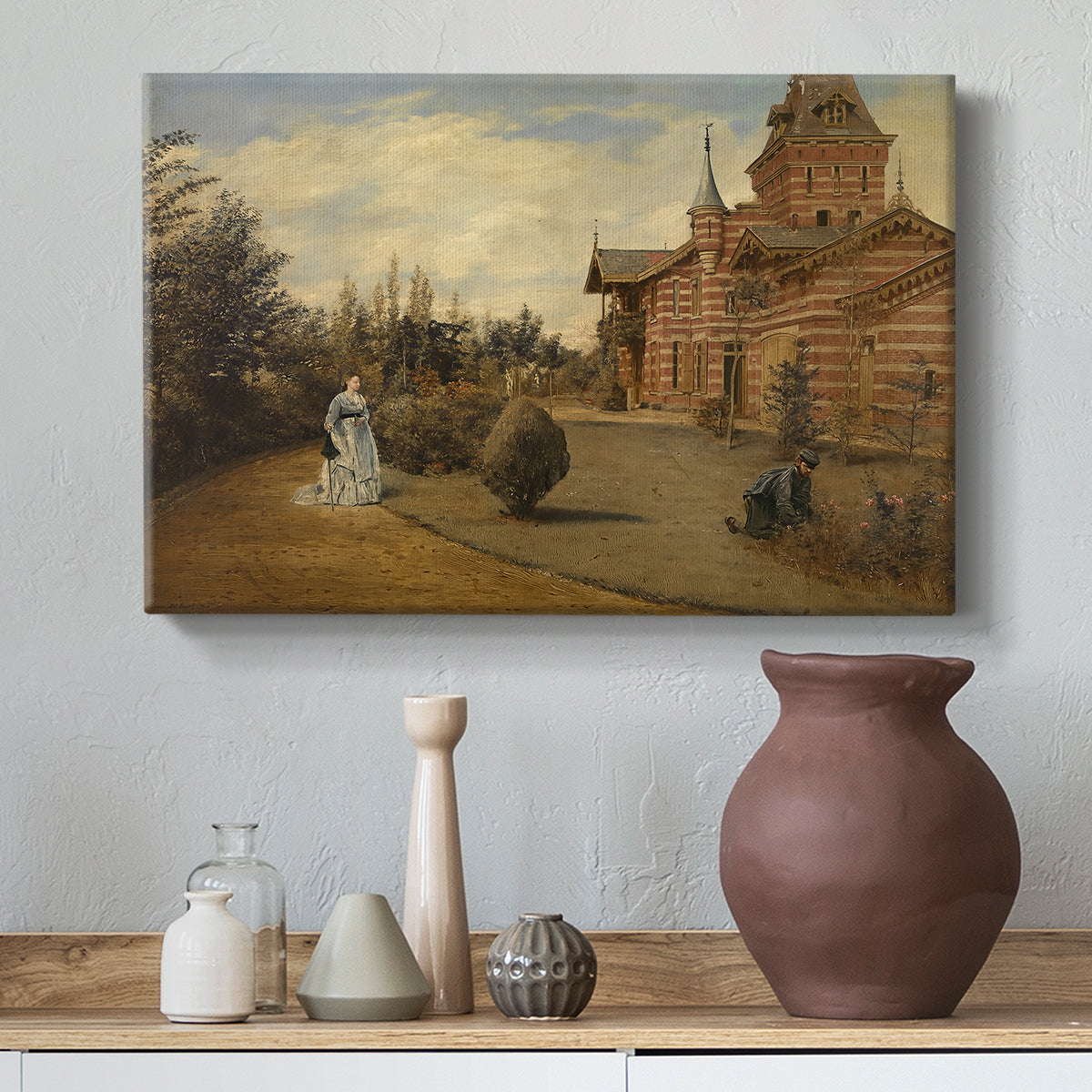 Canvas art print featuring an outdoor composition with house façade and nearby activity, styled above a decorative console