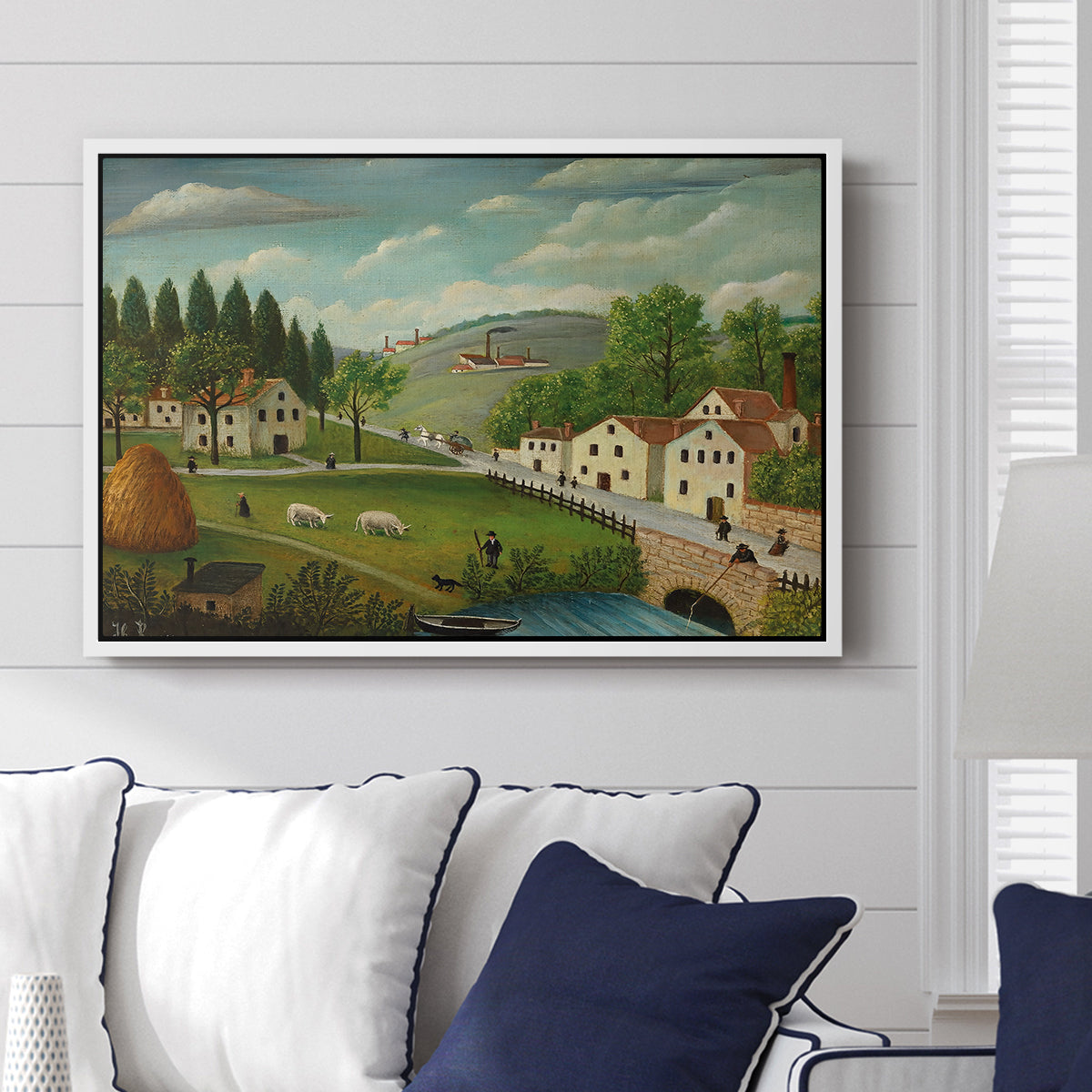Pastoral Landscape with Stream, Fisherman and Strollers, 1875-1880 - Floater Framed Canvas Print