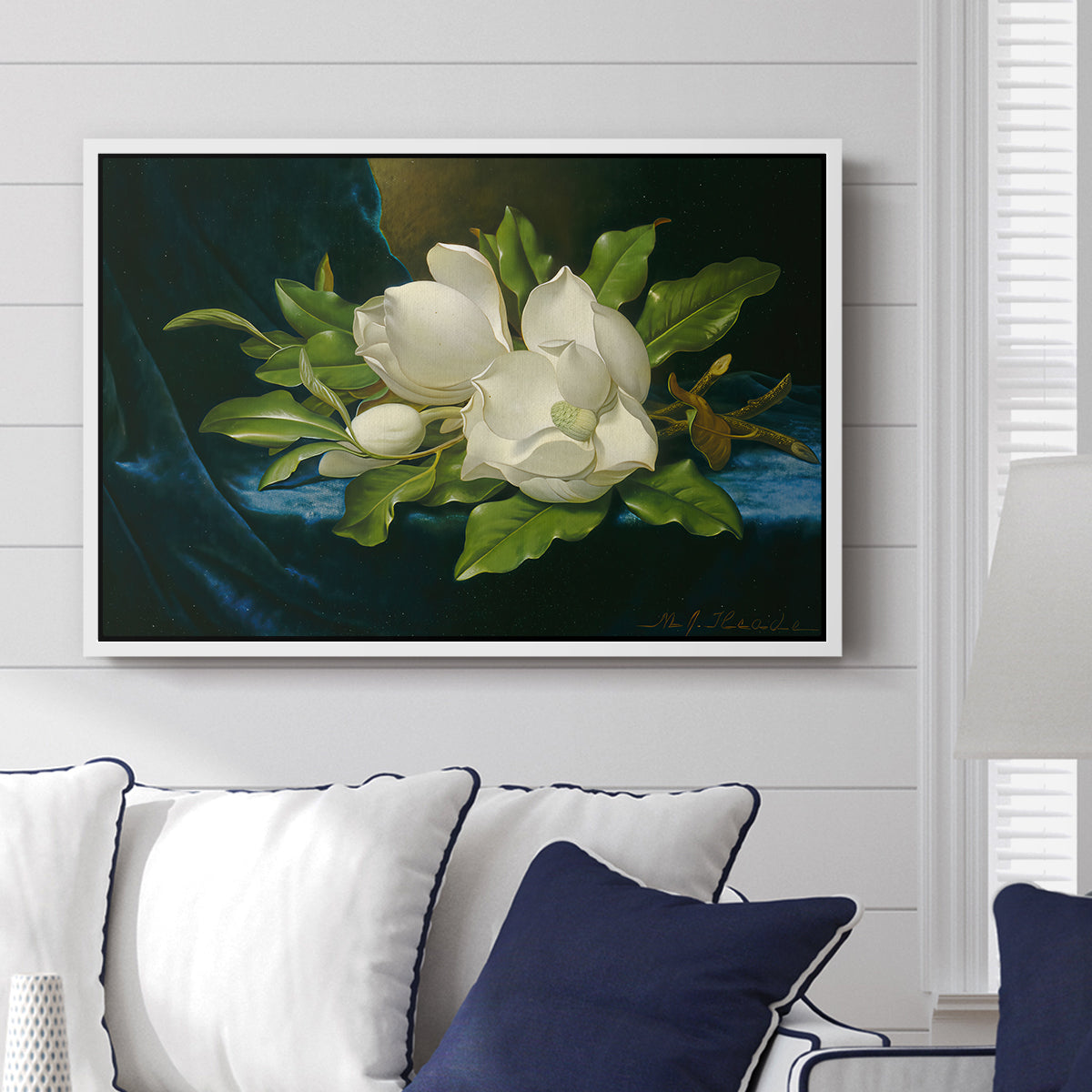 Giant Magnolias on a Blue Velvet Cloth, c. 1890 - Floater Framed Canvas Print