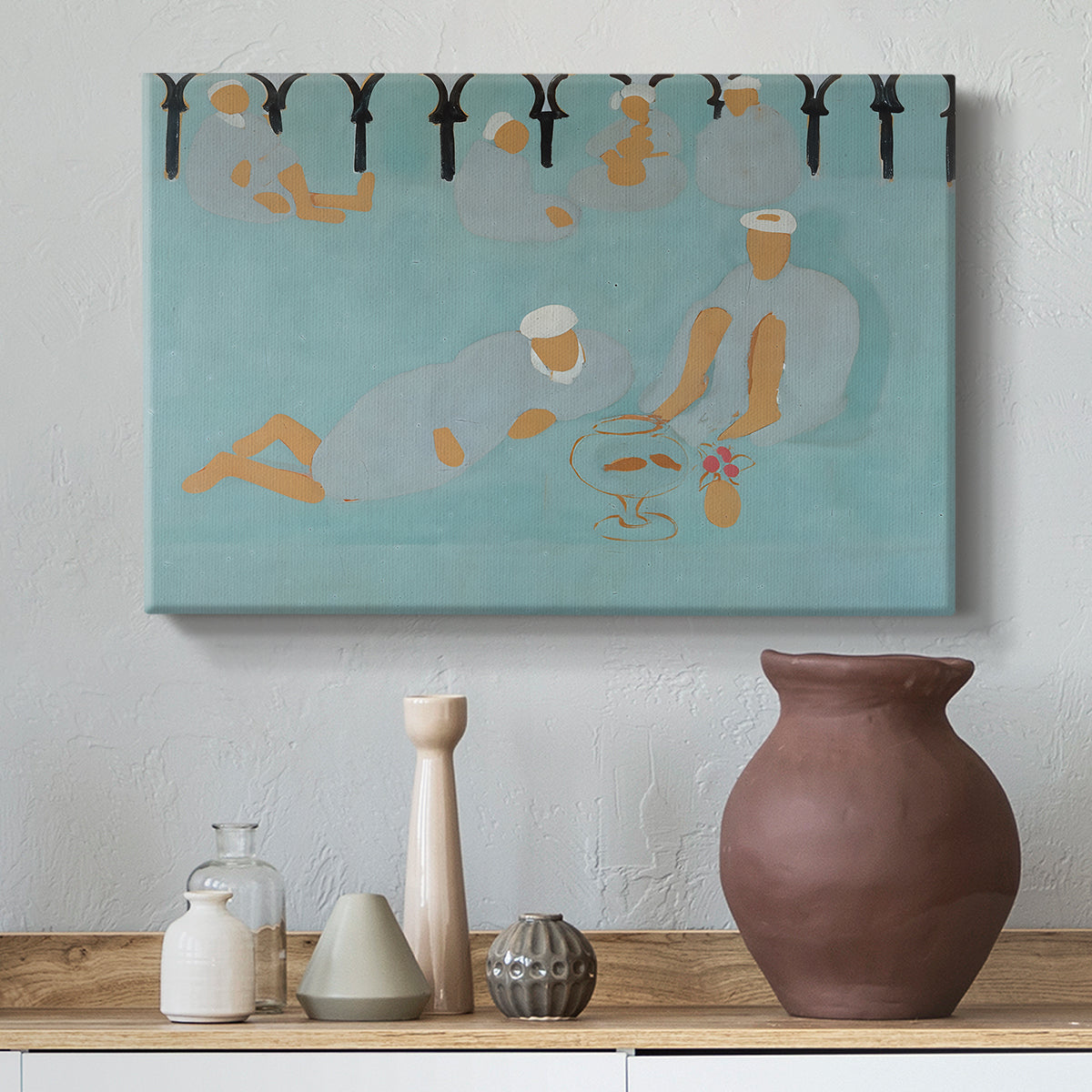 Canvas art print featuring a vibrant interior with figures and decorative elements, styled above a decorative console