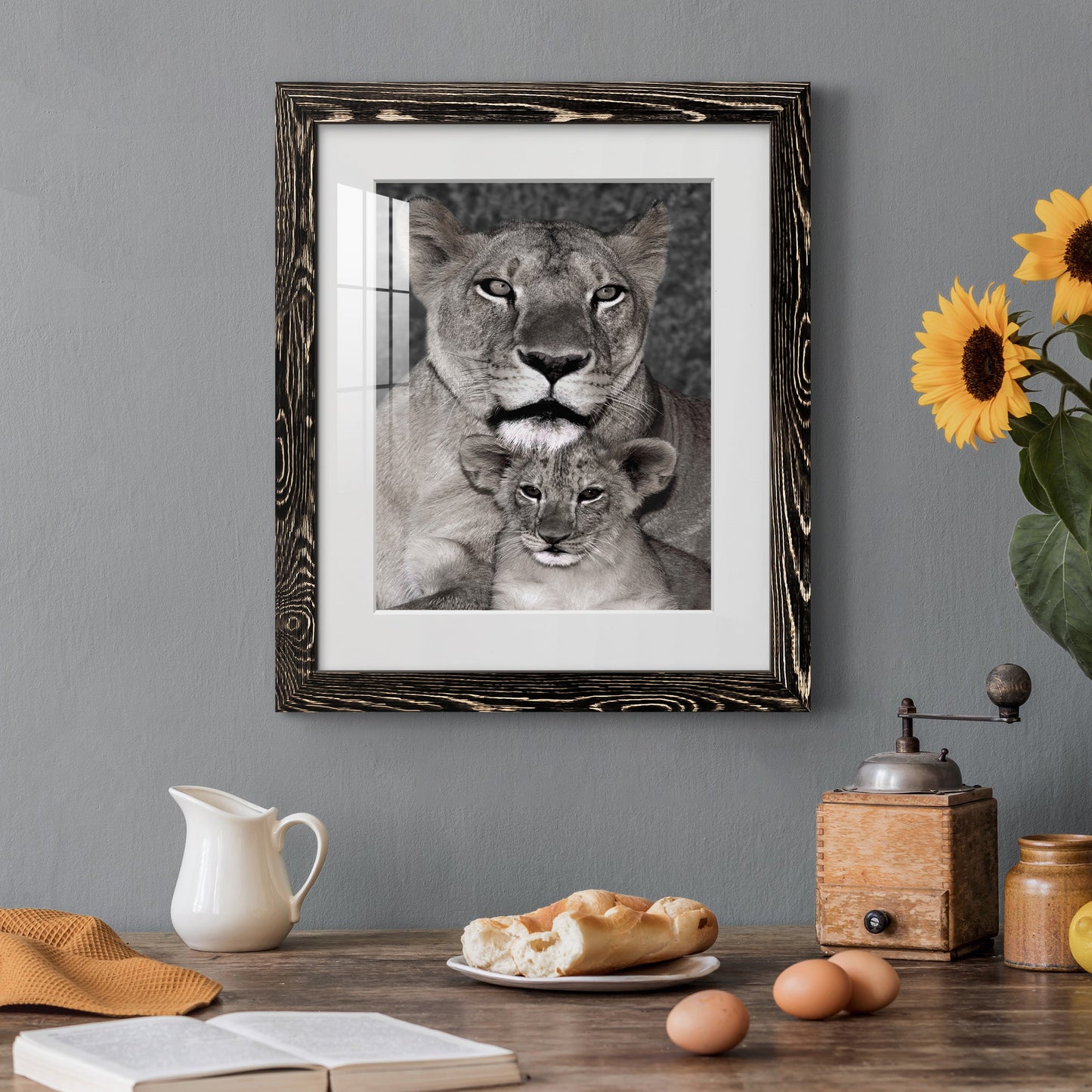 Lioness and Cub - Premium Framed Print - Distressed Barnwood Frame - Ready to Hang