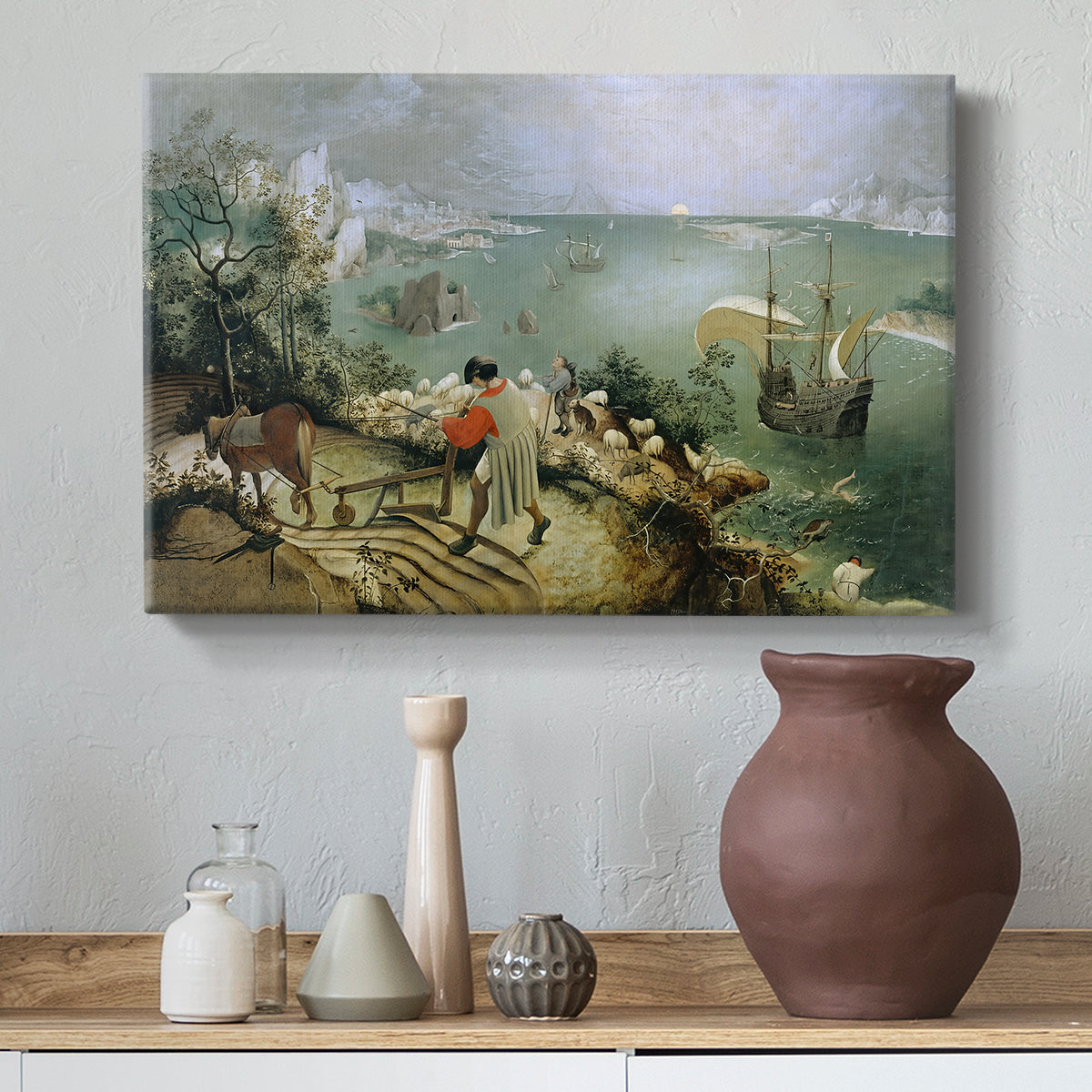 Canvas art print featuring a daily life with hidden narrative, styled above a decorative console