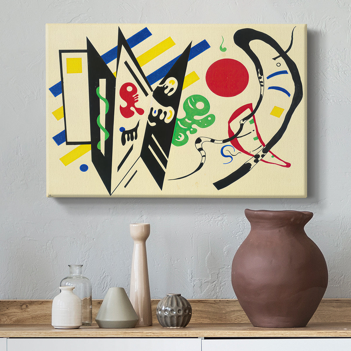 Canvas art print featuring a geometric abstraction emphasizing structure and contrast, styled above a decorative console