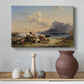 Canvas art print featuring an alpine landscape with figures and animals, styled above a decorative console