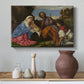 Canvas art print featuring a devotional composition combining sacred family and shepherd figure, styled above a decorative console