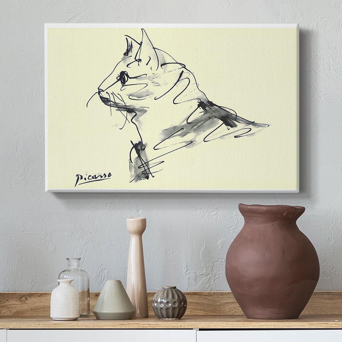Canvas art print featuring a minimal animal study, styled above a decorative console