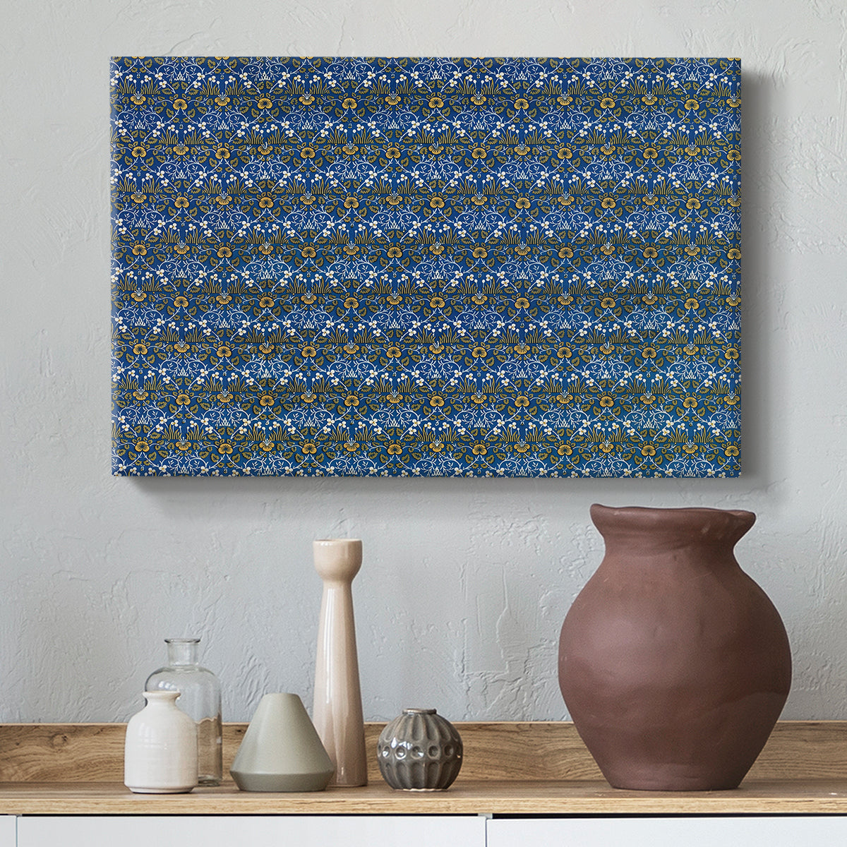 Canvas art print featuring a patterned composition with repeating tiny floral motifs, styled above a decorative console