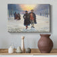Canvas art print featuring a subdued scene of figures outdoors after festive event, styled above a decorative console