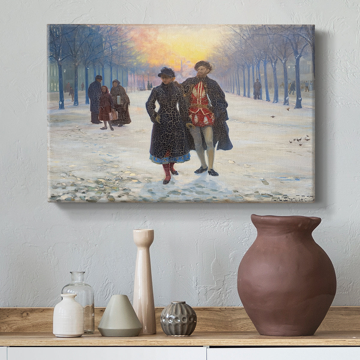Canvas art print featuring a subdued scene of figures outdoors after festive event, styled above a decorative console