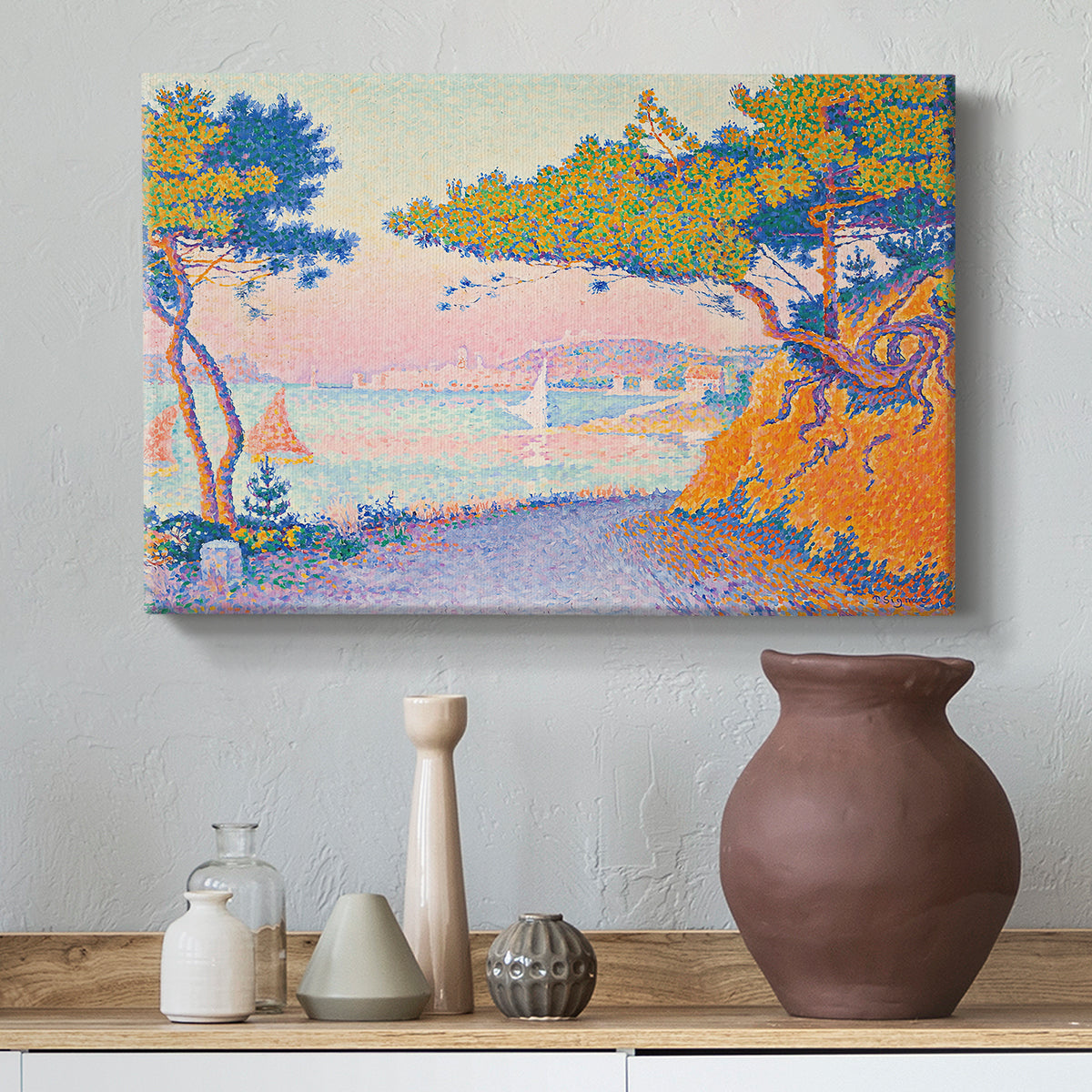 Canvas art print featuring a landscape with shoreline and open horizon, styled above a decorative console