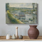 Canvas art print featuring an impressionist depiction of working boat along calm waterway, styled above a decorative console