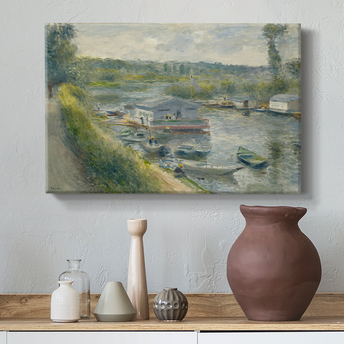 Canvas art print featuring an impressionist depiction of working boat along calm waterway, styled above a decorative console