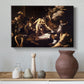 Canvas art print featuring a religious narrative showing violent attack on saint in crowded setting, styled above a decorative console