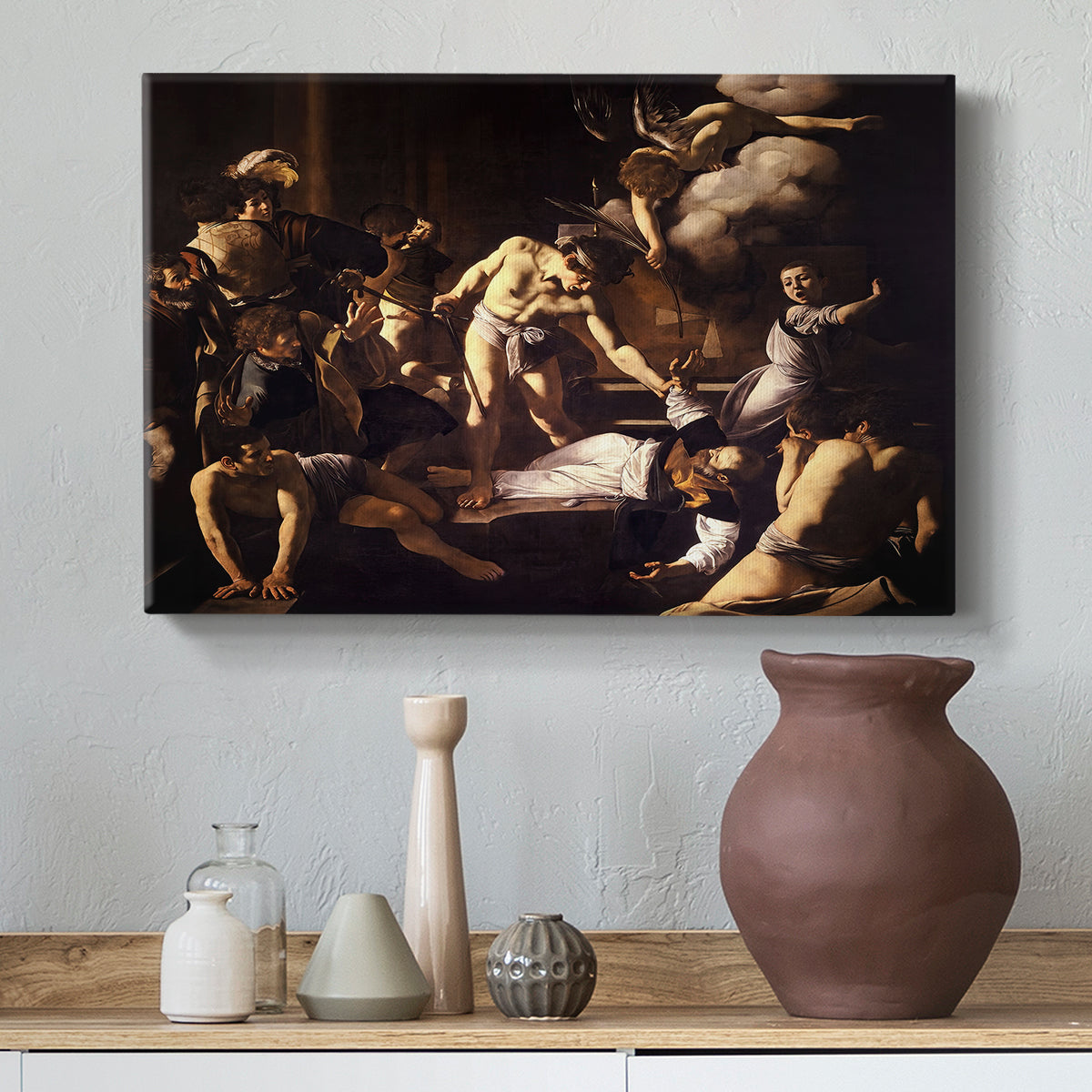 Canvas art print featuring a religious narrative showing violent attack on saint in crowded setting, styled above a decorative console