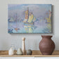 Canvas art print featuring a pointillist vessel composition, styled above a decorative console