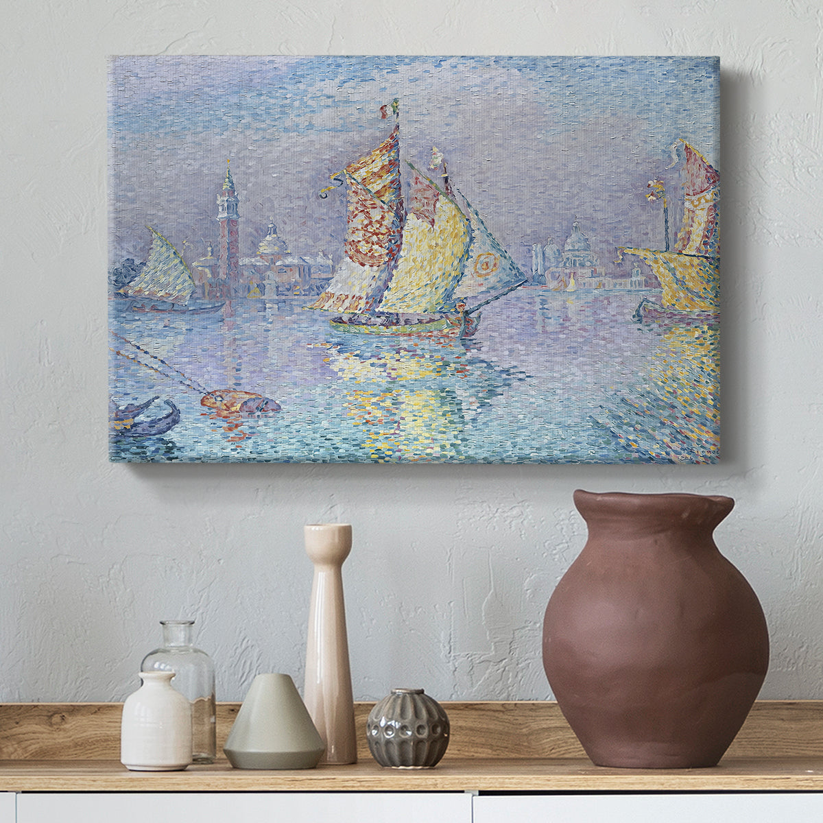 Canvas art print featuring a pointillist vessel composition, styled above a decorative console