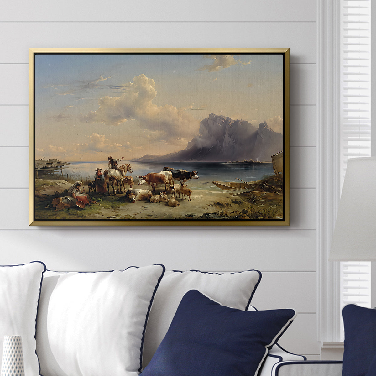 Shepherds and Cattle on Lake Attersee, 1852 - Floater Framed Canvas Print