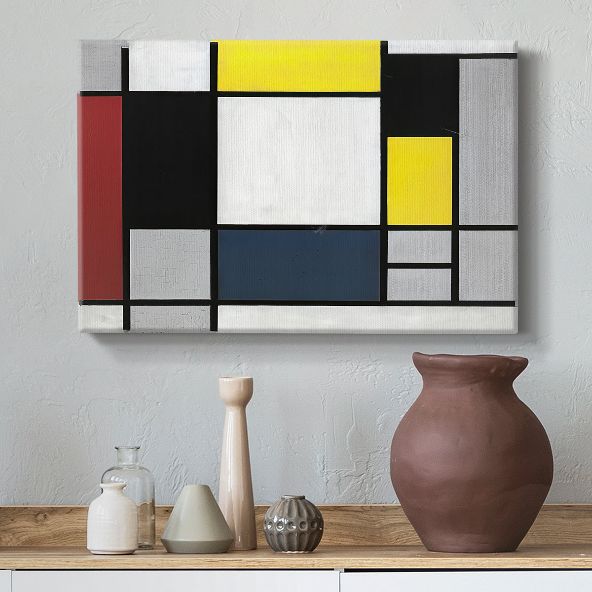 Canvas art print featuring a minimalist design using intersecting lines and planes, styled above a decorative console