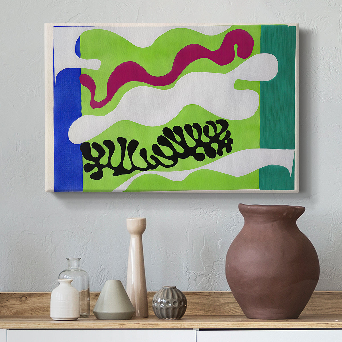 Canvas art print featuring an expressive abstract work with organic lines, styled above a decorative console