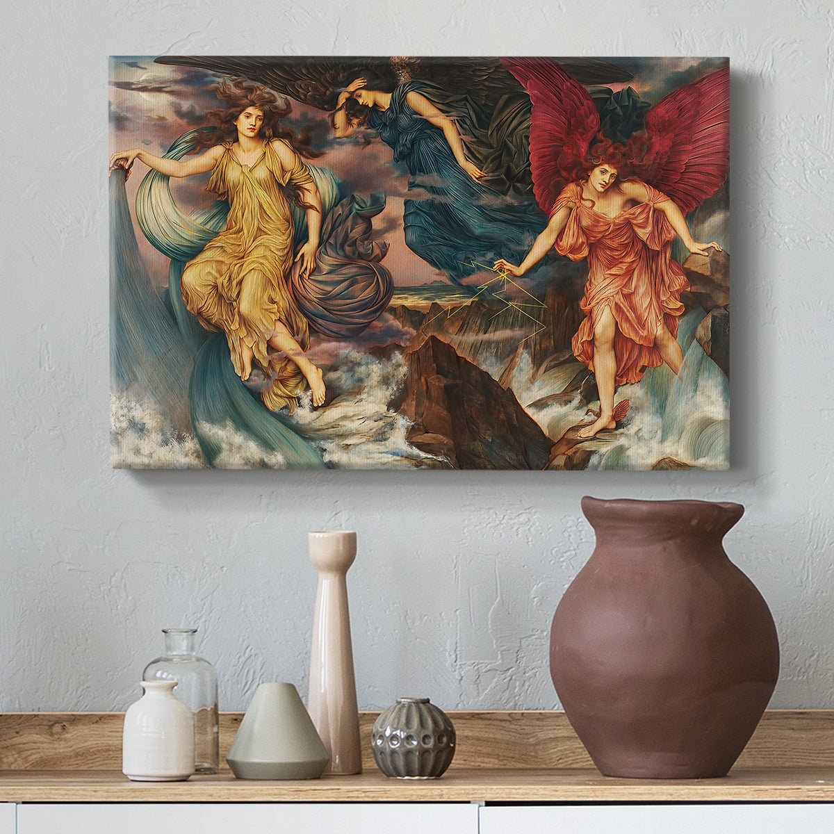 Canvas art print featuring a dynamic composition of figures embodying storm energy, styled above a decorative console