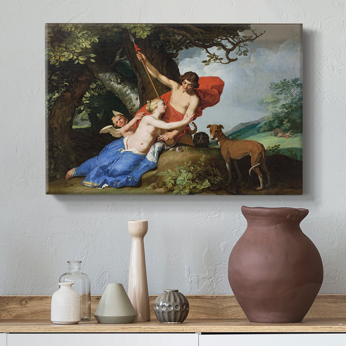 Canvas art print featuring a romantic depiction of Venus pleading with Adonis in a lush natural setting, styled above a decorative console