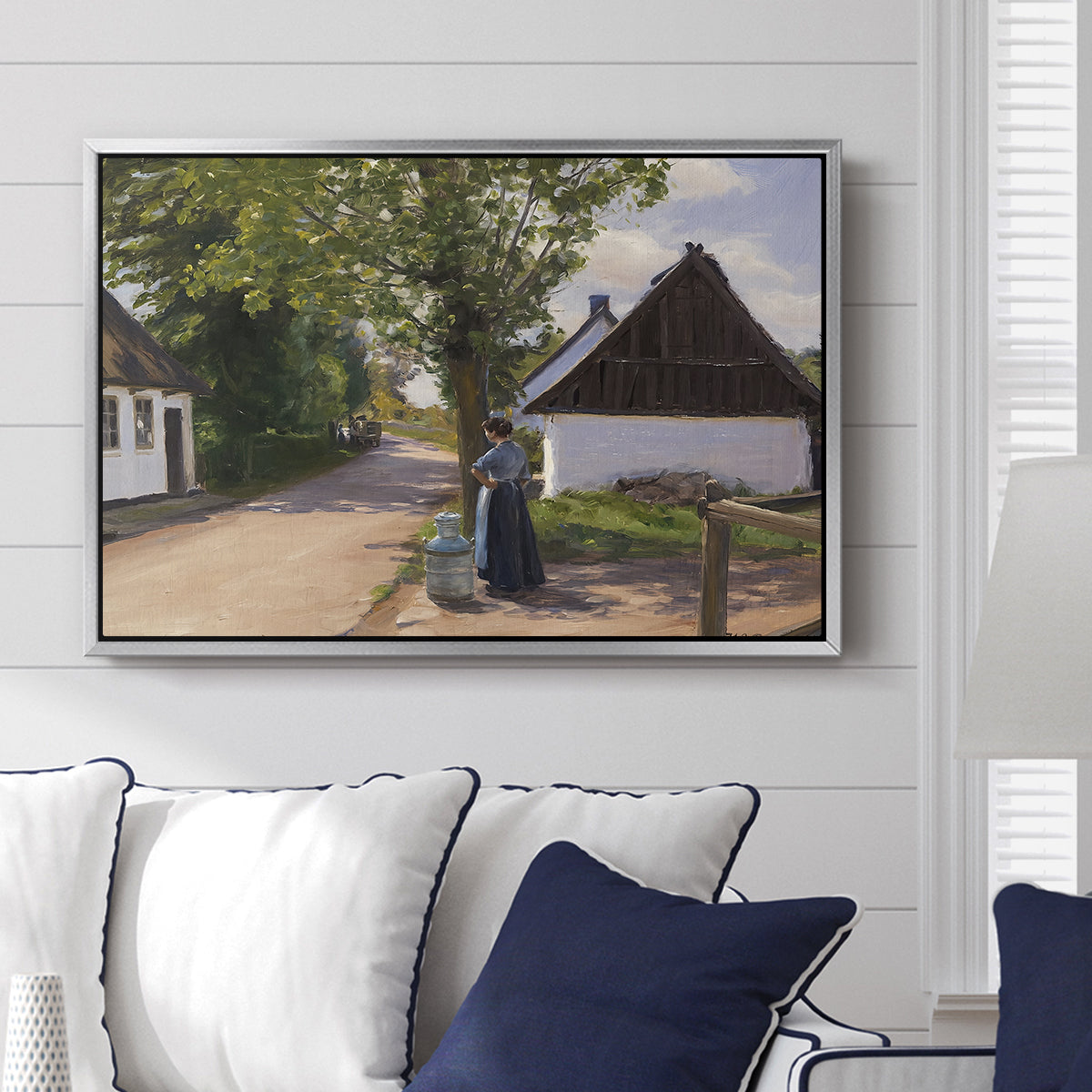 Danish Village Street with Woman and Milkman, 1880 - Floater Framed Canvas Print