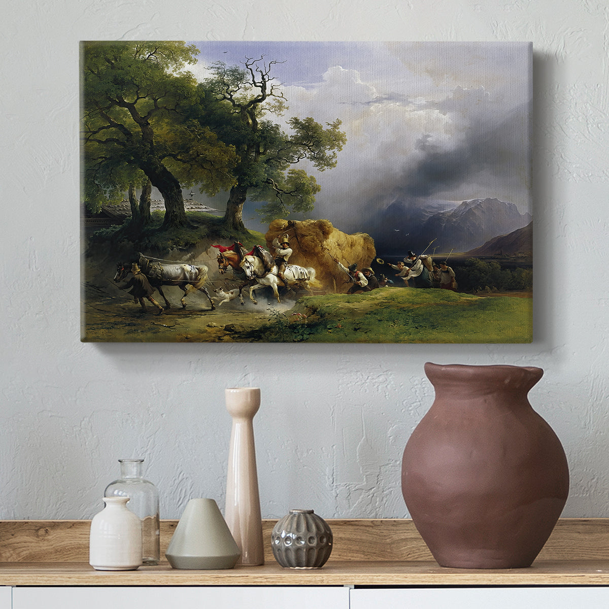 Canvas art print featuring a rural composition with agricultural work, styled above a decorative console