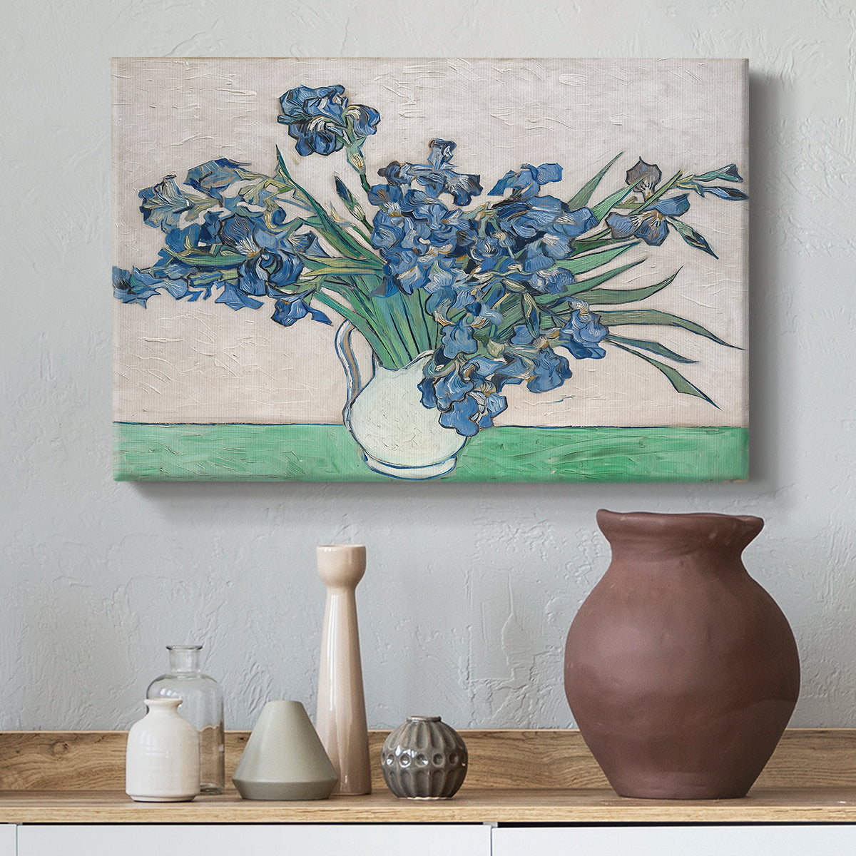 Canvas art print featuring a post-impressionist depiction of flowers in still life setting, styled above a decorative console
