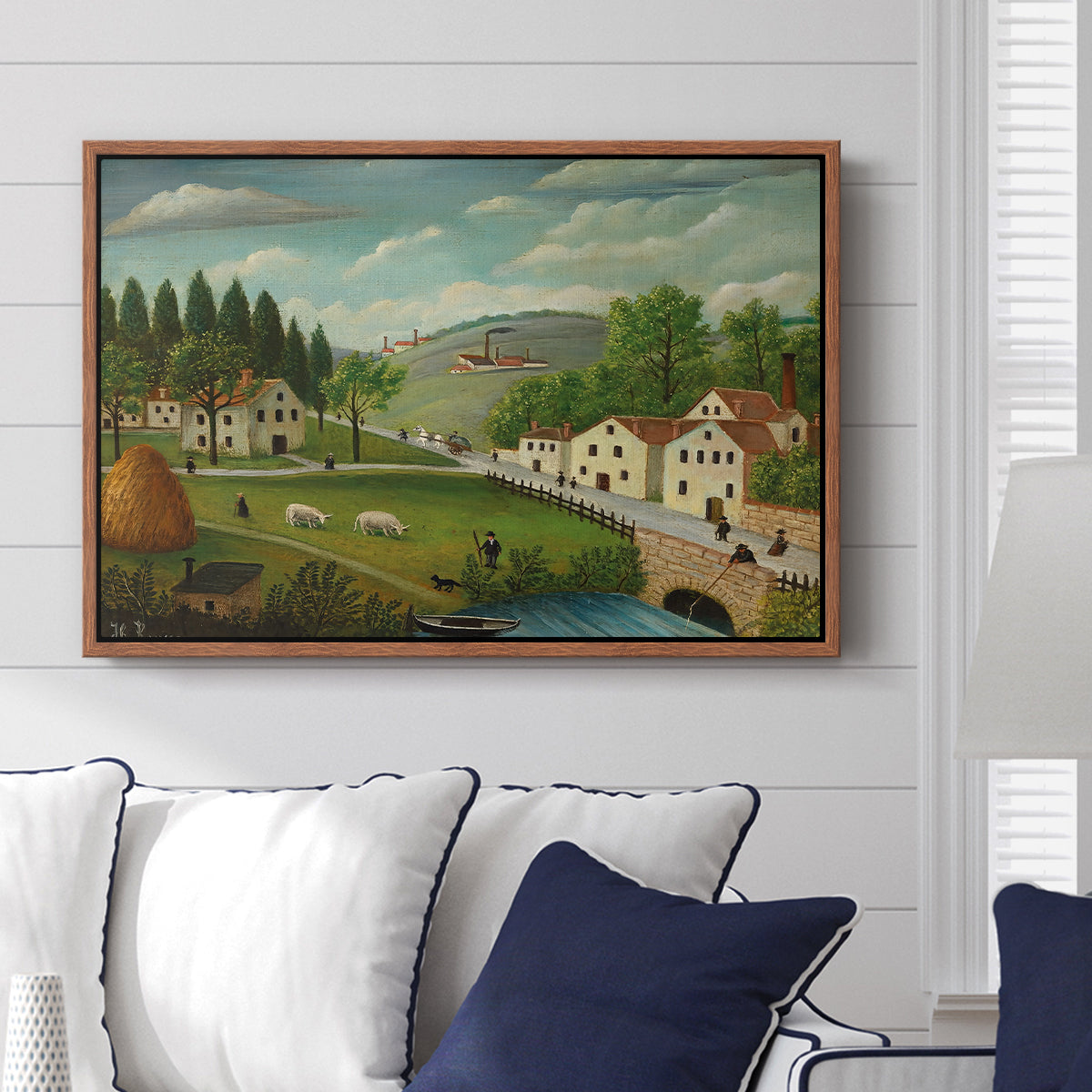 Pastoral Landscape with Stream, Fisherman and Strollers, 1875-1880 - Floater Framed Canvas Print