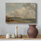 Canvas art print featuring a seaside composition with jetty, styled above a decorative console