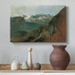 Canvas art print featuring a realist mountain composition with atmospheric depth, styled above a decorative console