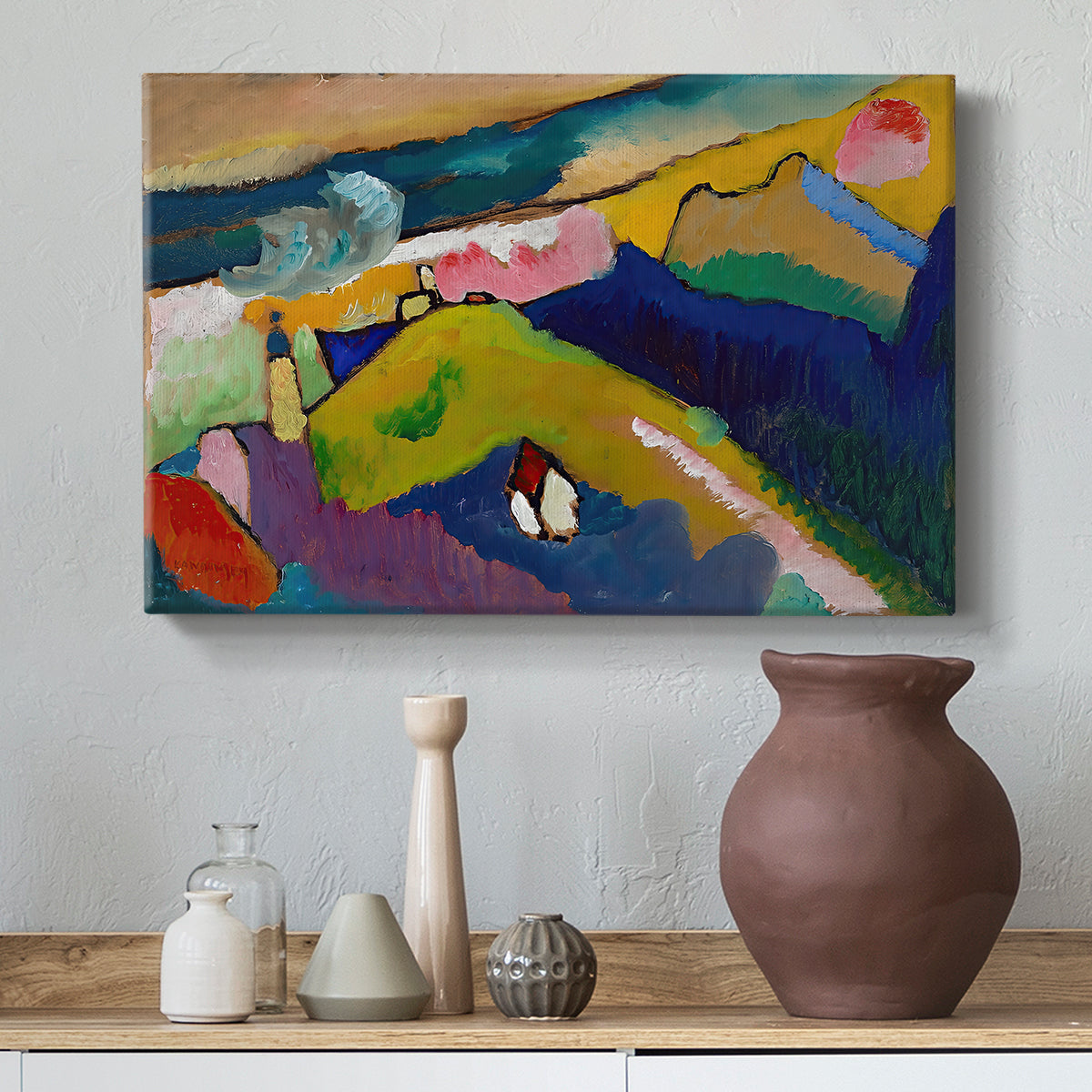 Canvas art print featuring an expressive countryside view blending terrain and structure, styled above a decorative console