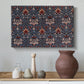Canvas art print featuring a textile pattern with alternating blossoms and leaves, styled above a decorative console