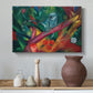 Canvas art print featuring an abstract depiction of monkey using vibrant contrasting tones, styled above a decorative console
