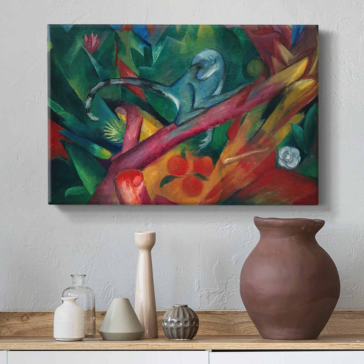 Canvas art print featuring an abstract depiction of monkey using vibrant contrasting tones, styled above a decorative console